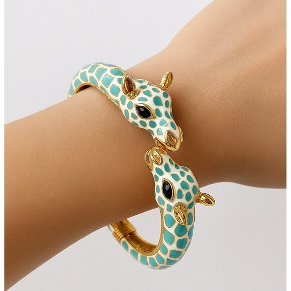 VTG KJL Kenneth Jay Lane Giraffe Blue Enamel Gold Tone Hinged Bracelet Bangle - Picture 1 of 7